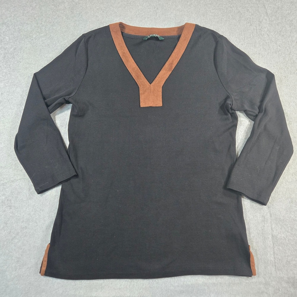 Lauren Ralph Lauren Black Cotton V-Neck Top Brown Suede Trim Size L